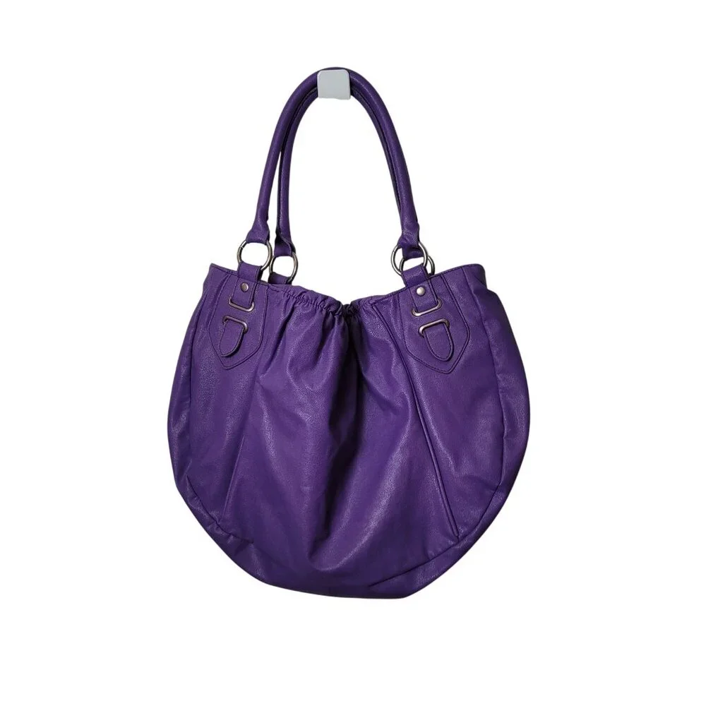 Lilu. Purple Faux Leather Hobo Shoulder Bag W/Dual Handles Gathered Top